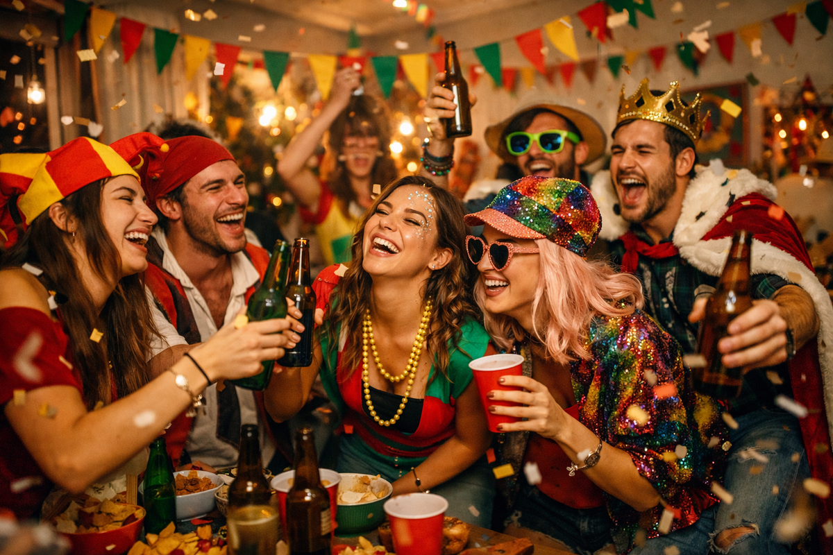 Verklede vrienden met hoedjes, kroon en zonnebrillen lachen en proosten op een carnavalsfeest vol slingers en confetti
