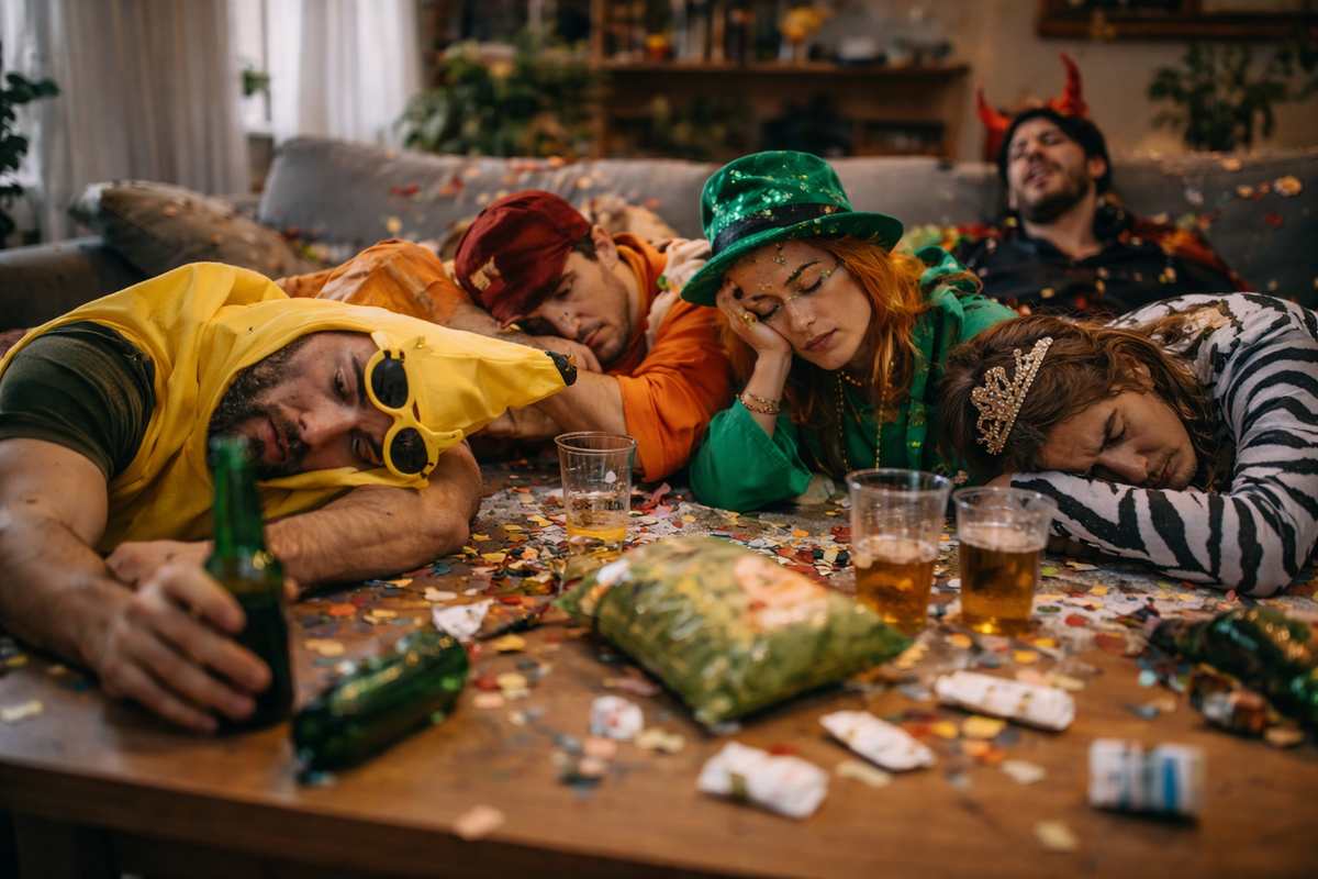 Uitgeputte vrienden in carnavalskleding slapen aan een tafel vol confetti, chips en lege glazen