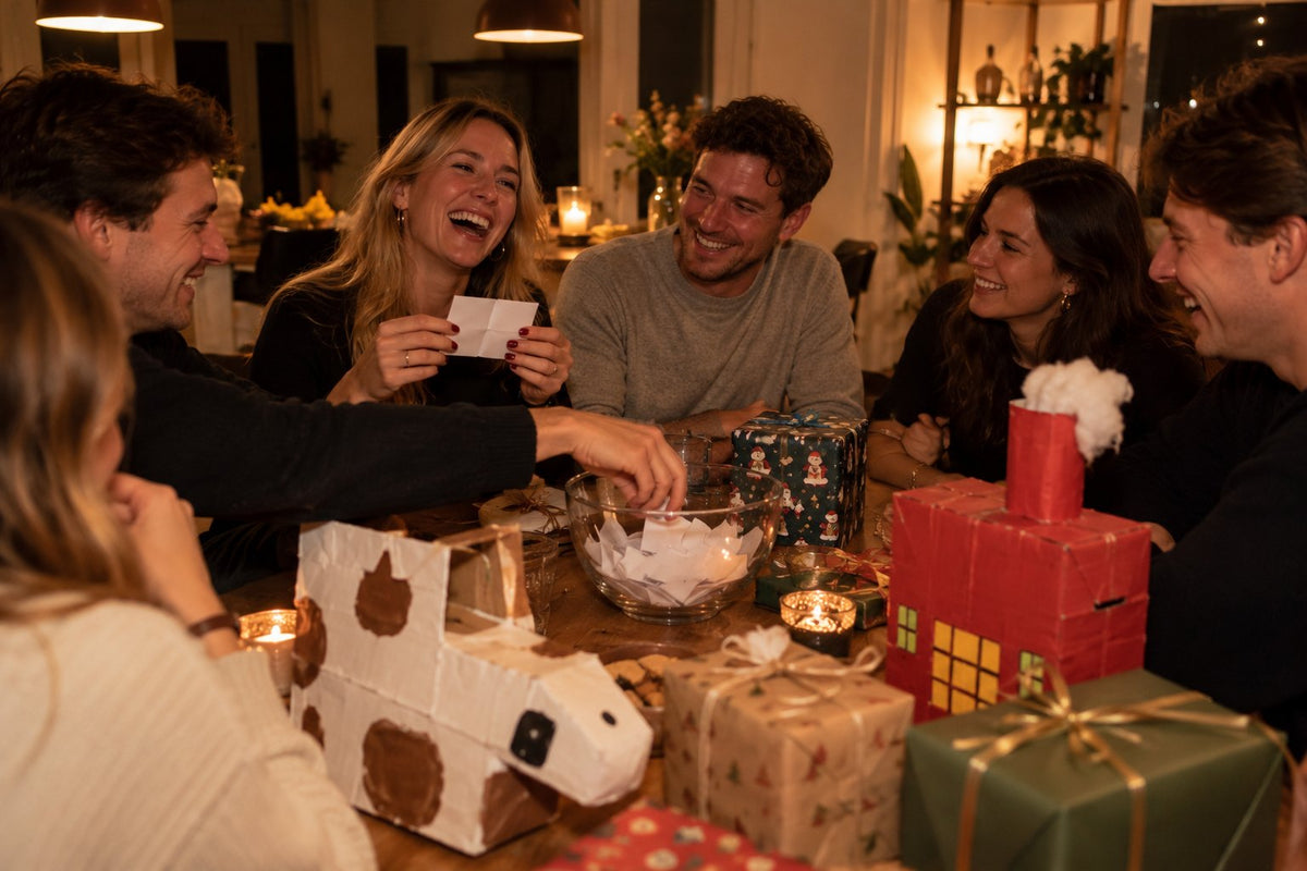 Vriendengroep trekt lootjes uit een glazen schaal tussen zelfgemaakte surprises en ingepakte cadeaus
